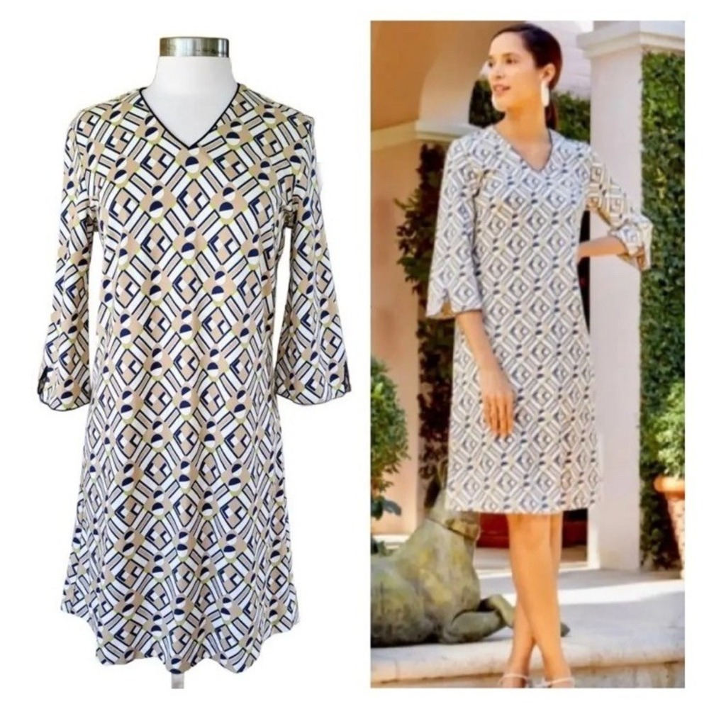 J McLaughlin Sheath Dress Geo Print 3/4 Sleeve Judith Catalina Cloth Sz Small